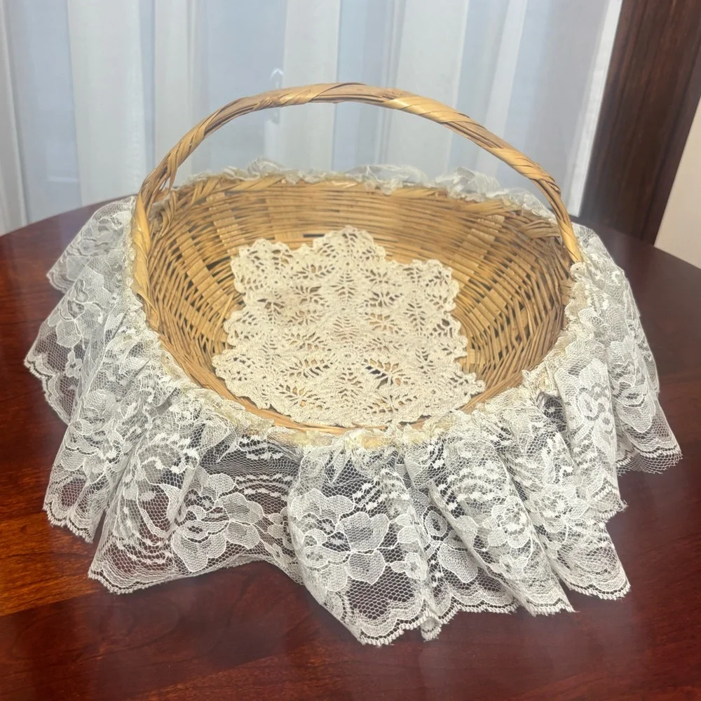 Victorian Lovers Basket Vintage Hand Crafted Lace Cottage Gathering Basket
